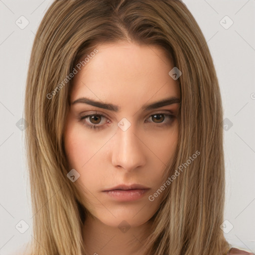 Neutral white young-adult female with long  brown hair and brown eyes