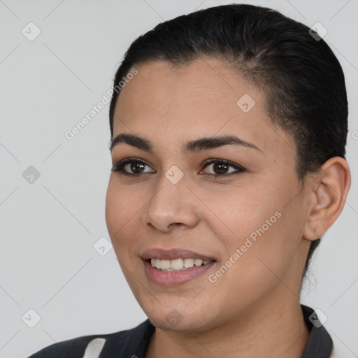 Joyful white young-adult female with short  brown hair and brown eyes