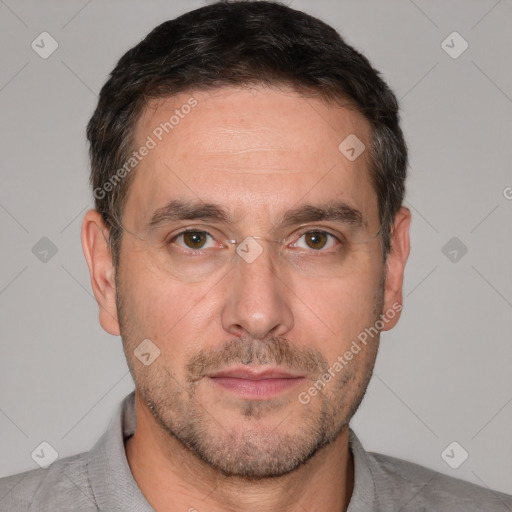 Neutral white adult male with short  brown hair and brown eyes