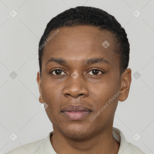 Neutral black adult male with short  black hair and brown eyes