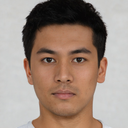 Neutral asian young-adult male with short  black hair and brown eyes