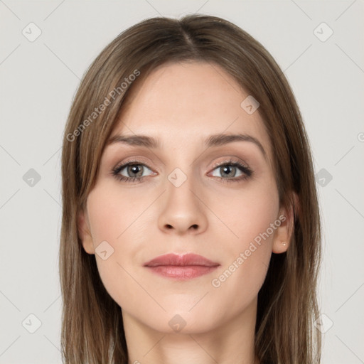 Neutral white young-adult female with long  brown hair and grey eyes