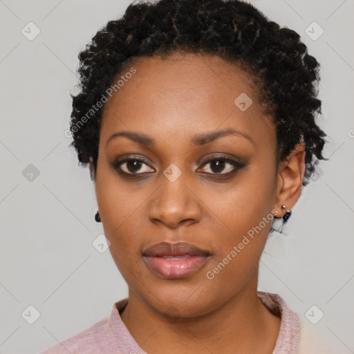 Neutral black young-adult female with short  black hair and brown eyes