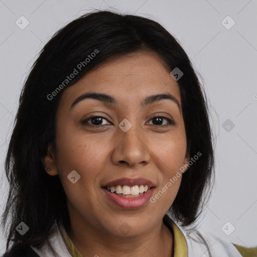 Joyful latino young-adult female with long  brown hair and brown eyes