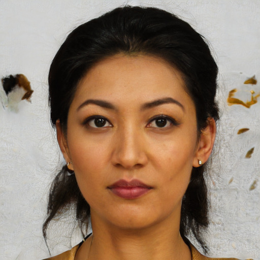 Neutral asian young-adult female with medium  black hair and brown eyes