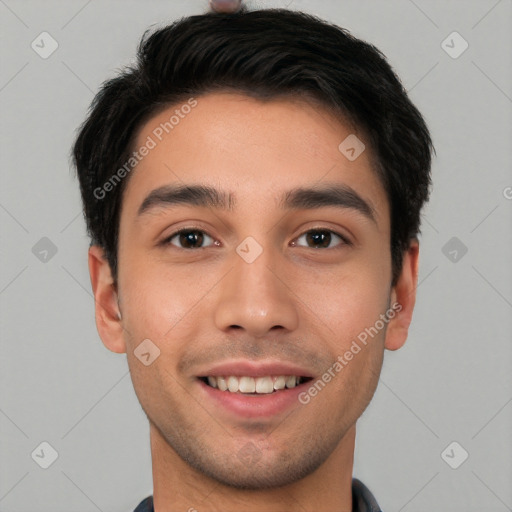 Joyful white young-adult male with short  brown hair and brown eyes