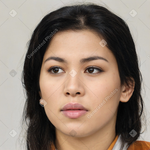 Neutral asian young-adult female with medium  brown hair and brown eyes