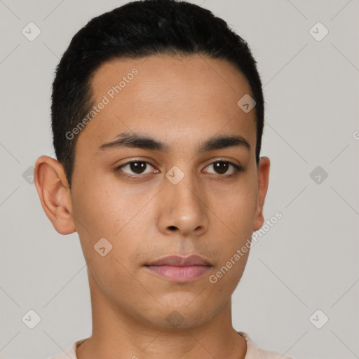 Neutral latino young-adult male with short  black hair and brown eyes