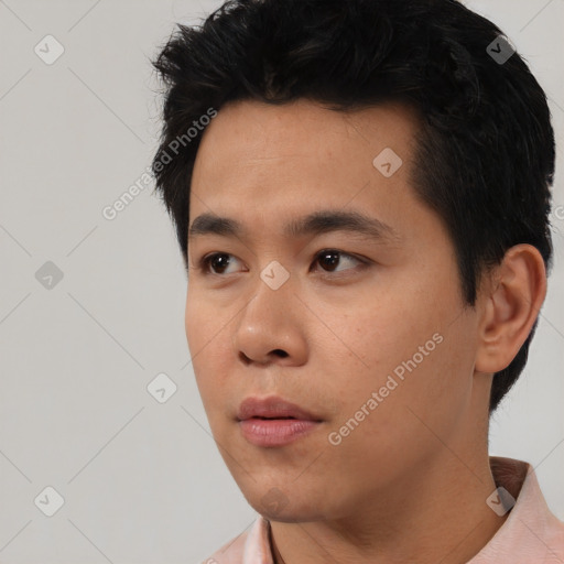 Neutral asian young-adult male with short  black hair and brown eyes