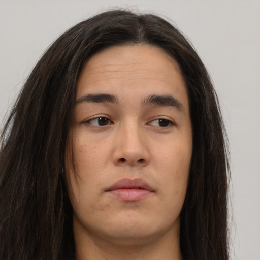 Neutral asian young-adult female with long  brown hair and brown eyes
