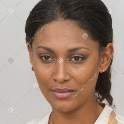 Neutral black adult female with medium  brown hair and brown eyes