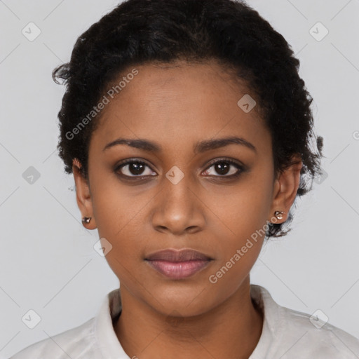 Neutral black young-adult female with short  black hair and brown eyes