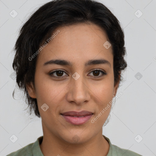 Joyful latino young-adult female with medium  brown hair and brown eyes