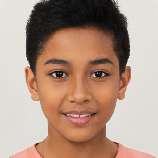 Joyful latino child female with short  brown hair and brown eyes