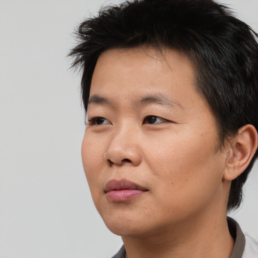 Neutral asian young-adult male with short  brown hair and brown eyes