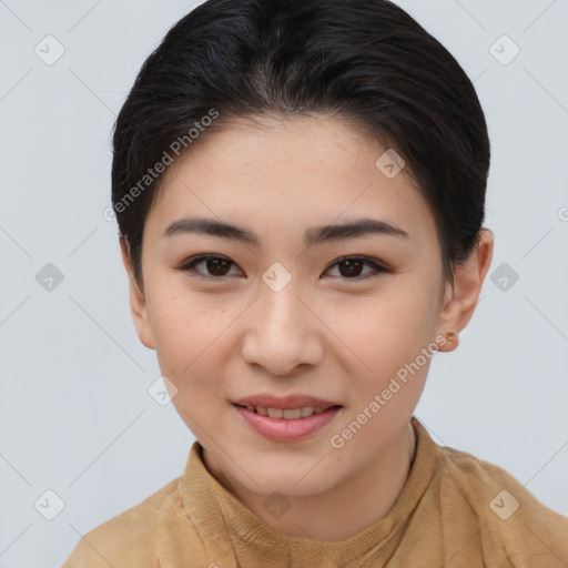 Joyful asian young-adult female with short  brown hair and brown eyes