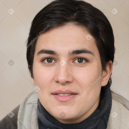 Joyful white young-adult female with short  brown hair and brown eyes