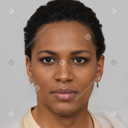 Neutral black young-adult female with short  black hair and brown eyes