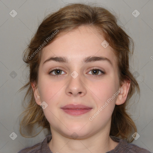 Neutral white young-adult female with medium  brown hair and brown eyes