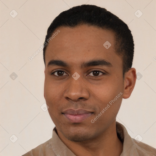 Neutral black young-adult male with short  black hair and brown eyes