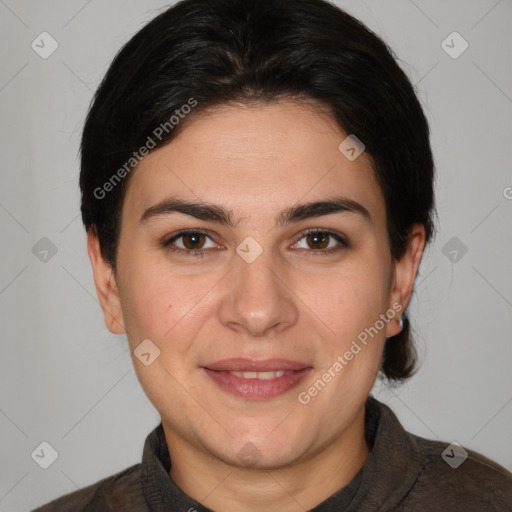 Joyful white young-adult female with medium  brown hair and brown eyes