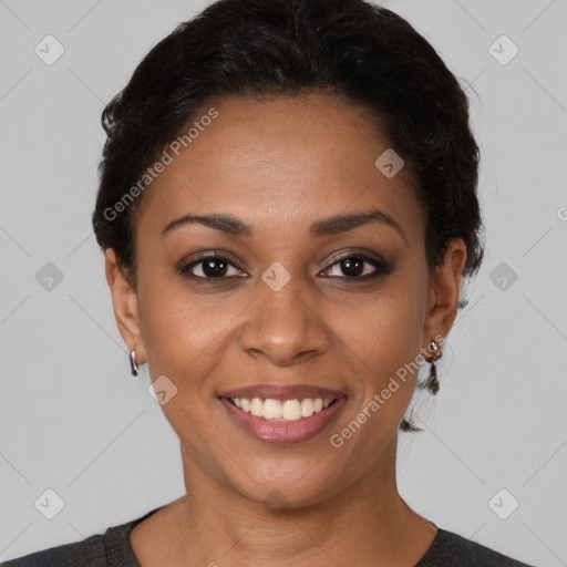 Joyful latino young-adult female with short  brown hair and brown eyes