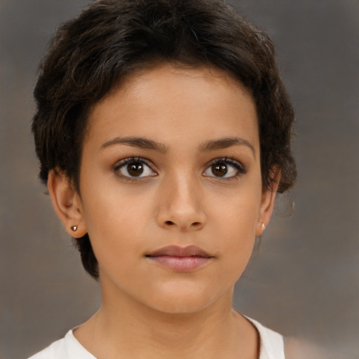 Neutral white young-adult female with short  brown hair and brown eyes