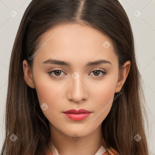 Neutral white young-adult female with long  brown hair and brown eyes