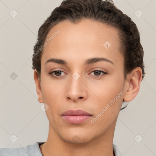 Neutral white young-adult female with short  brown hair and brown eyes