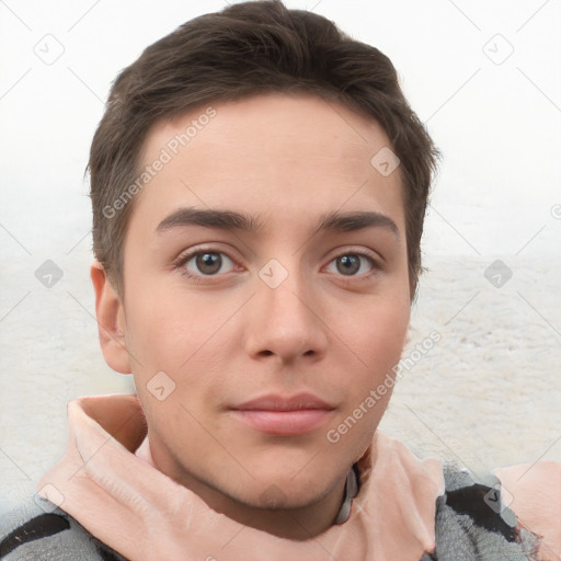 Neutral white young-adult male with short  brown hair and brown eyes