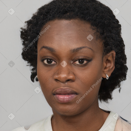 Neutral black young-adult female with short  black hair and brown eyes