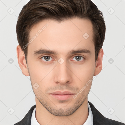 Neutral white young-adult male with short  brown hair and brown eyes