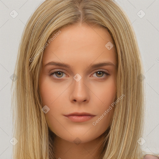 Neutral white young-adult female with long  brown hair and brown eyes