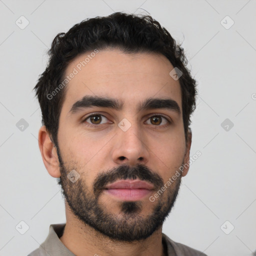 Neutral latino young-adult male with short  black hair and brown eyes