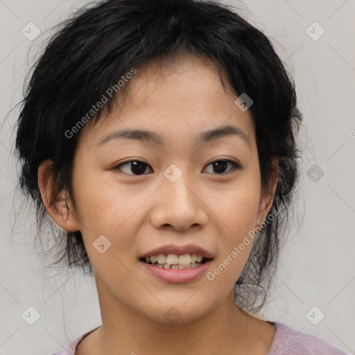 Joyful asian young-adult female with medium  black hair and brown eyes