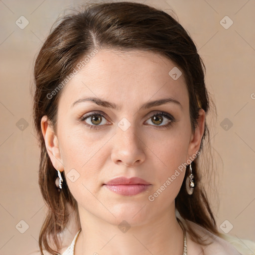 Neutral white young-adult female with medium  brown hair and brown eyes