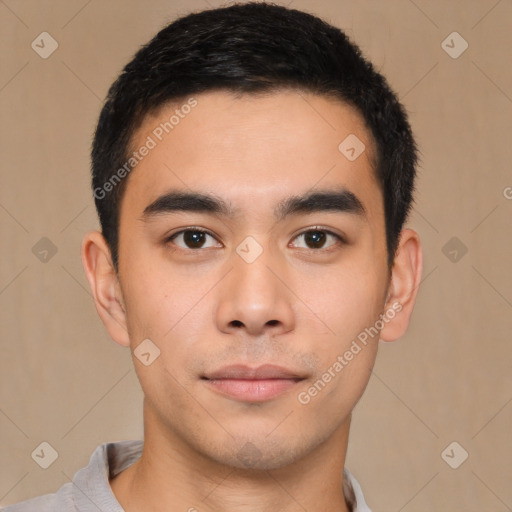 Joyful latino young-adult male with short  brown hair and brown eyes