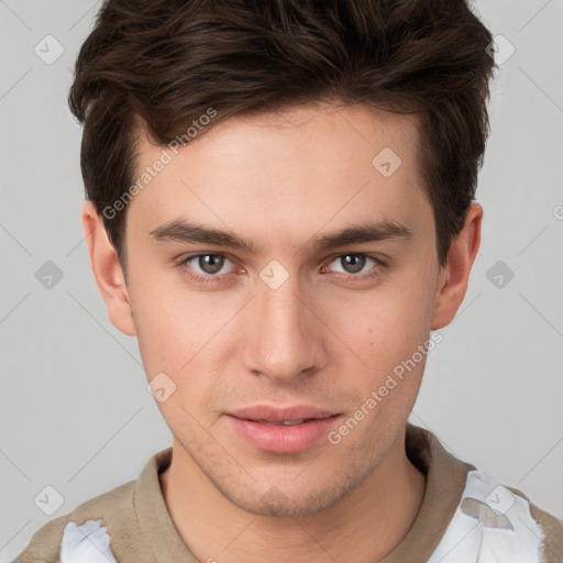 Neutral white young-adult male with short  brown hair and brown eyes