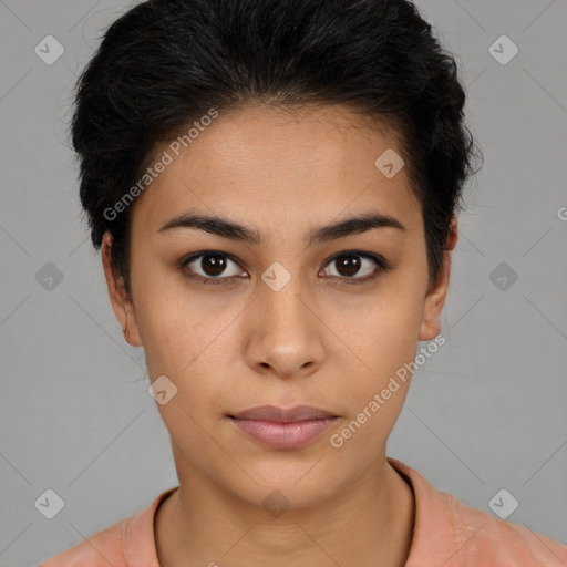 Neutral latino young-adult female with short  black hair and brown eyes