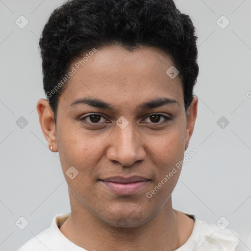 Joyful latino young-adult female with short  black hair and brown eyes