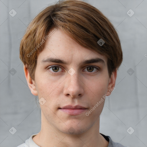 Neutral white young-adult male with short  brown hair and grey eyes