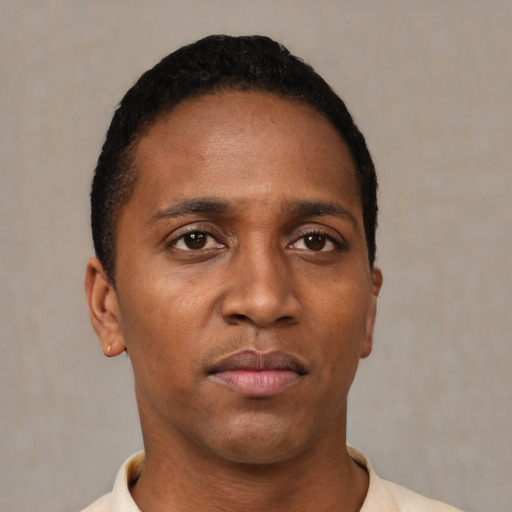 Neutral black young-adult male with short  black hair and brown eyes