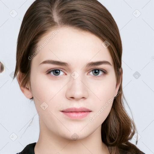 Neutral white young-adult female with medium  brown hair and grey eyes