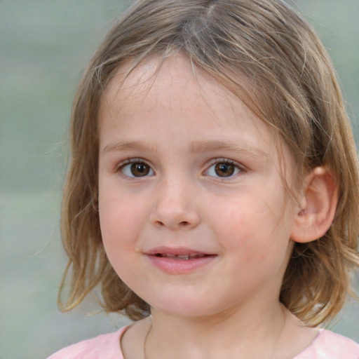 Joyful white child female with medium  brown hair and grey eyes