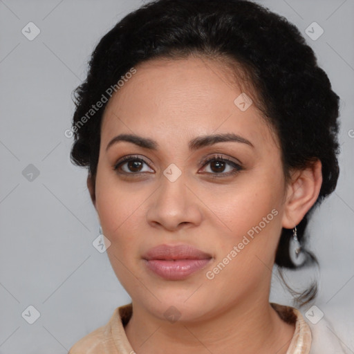 Joyful latino young-adult female with medium  brown hair and brown eyes