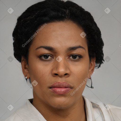 Neutral black young-adult female with short  black hair and brown eyes