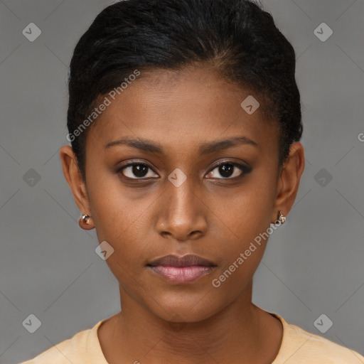 Neutral black young-adult female with short  brown hair and brown eyes