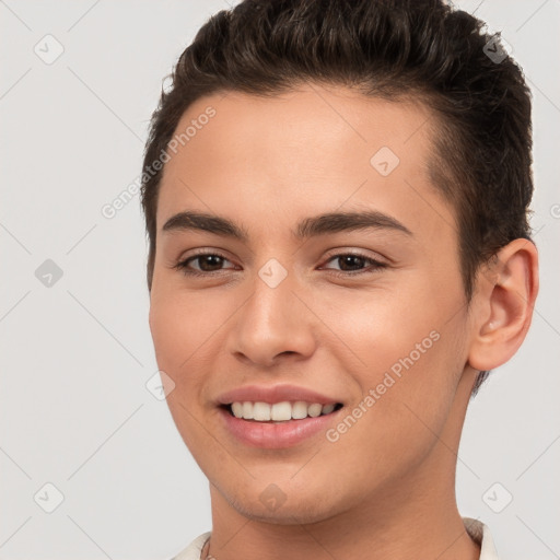 Joyful white young-adult female with short  brown hair and brown eyes