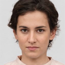 Neutral white young-adult female with short  brown hair and brown eyes