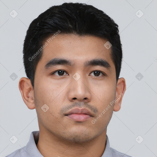 Neutral asian young-adult male with short  black hair and brown eyes